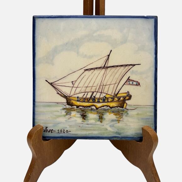 Portuguese Tile Ship Cafur 1520 Handpainted Battistini de Maria de Portugal - Picture 1 of 11
